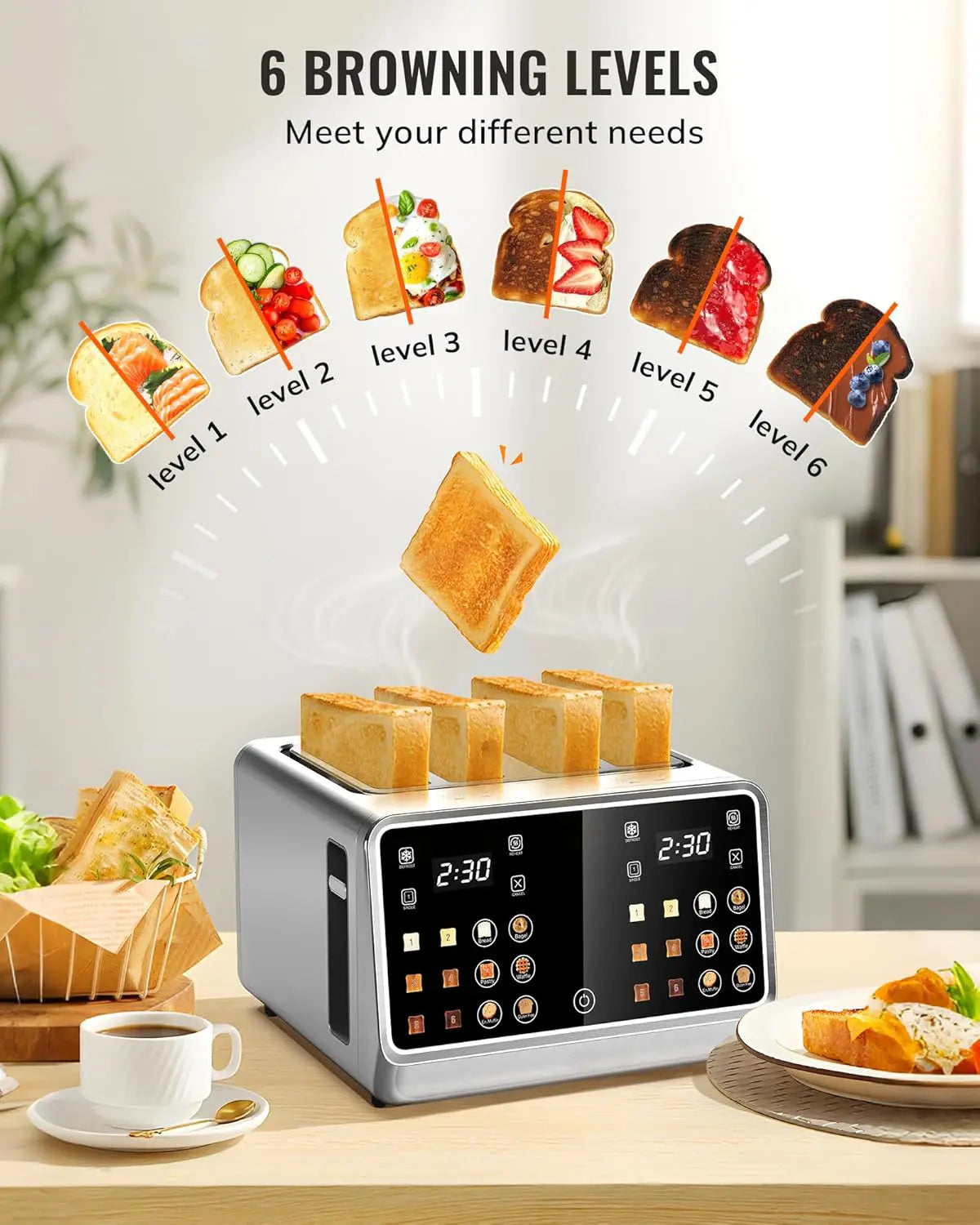 Dear Morning Digital Smart Toaster 4 Slice with Touchscreen Dual Control Panel Single Slot Timer Reheat Defrost for Bagels Bread Waffles Stainless Steel Kitchen Essentials