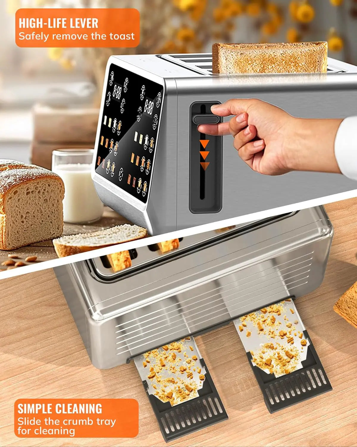 Dear Morning Digital Smart Toaster 4 Slice with Touchscreen Dual Control Panel Single Slot Timer Reheat Defrost for Bagels Bread Waffles Stainless Steel Kitchen Essentials