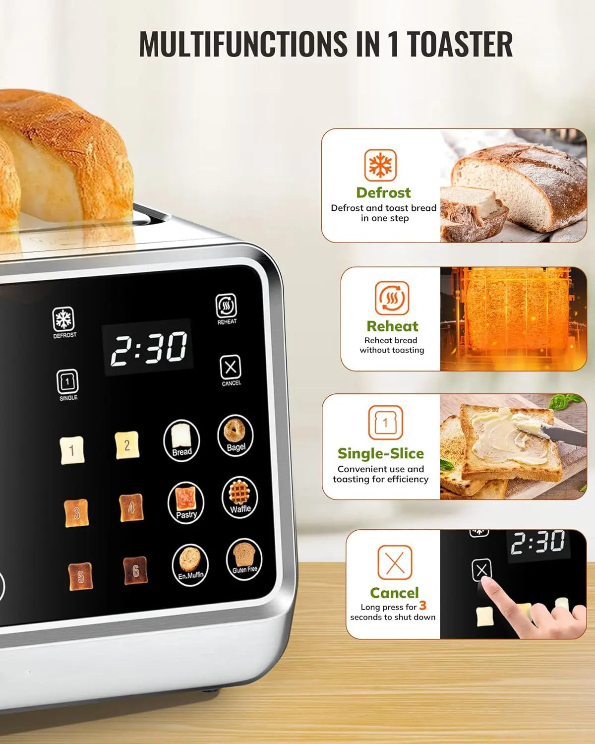 Dear Morning Digital Smart Toaster 4 Slice with Touchscreen Dual Control Panel Single Slot Timer Reheat Defrost for Bagels Bread Waffles Stainless Steel Kitchen Essentials