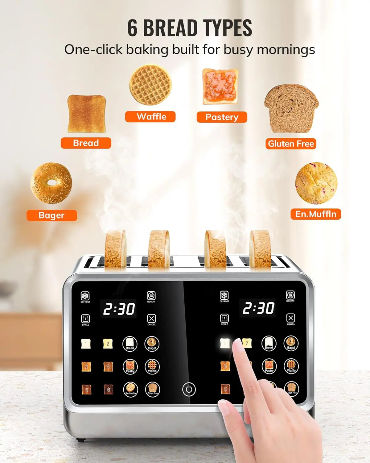 Dear Morning Digital Smart Toaster 4 Slice with Touchscreen Dual Control Panel Single Slot Timer Reheat Defrost for Bagels Bread Waffles Stainless Steel Kitchen Essentials
