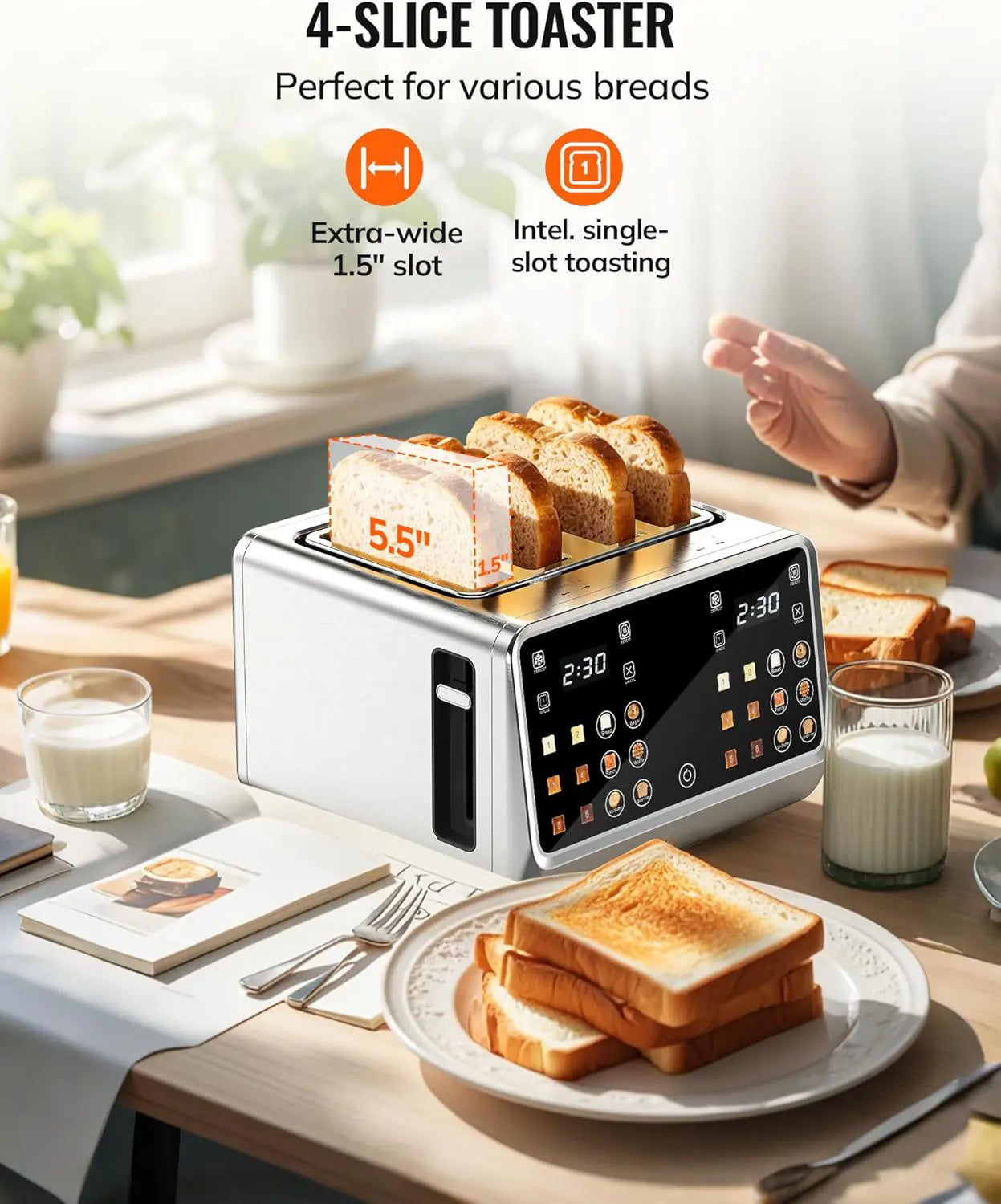 Dear Morning Digital Smart Toaster 4 Slice with Touchscreen Dual Control Panel Single Slot Timer Reheat Defrost for Bagels Bread Waffles Stainless Steel Kitchen Essentials