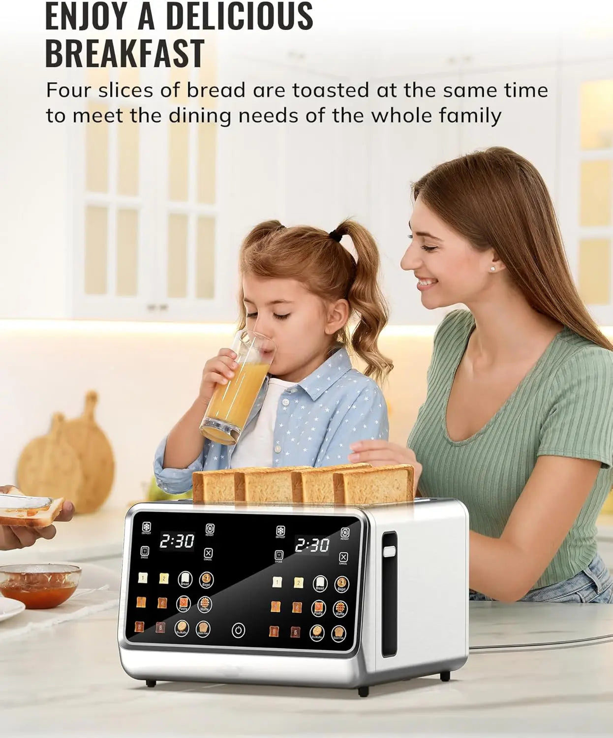 Dear Morning Digital Smart Toaster 4 Slice with Touchscreen Dual Control Panel Single Slot Timer Reheat Defrost for Bagels Bread Waffles Stainless Steel Kitchen Essentials